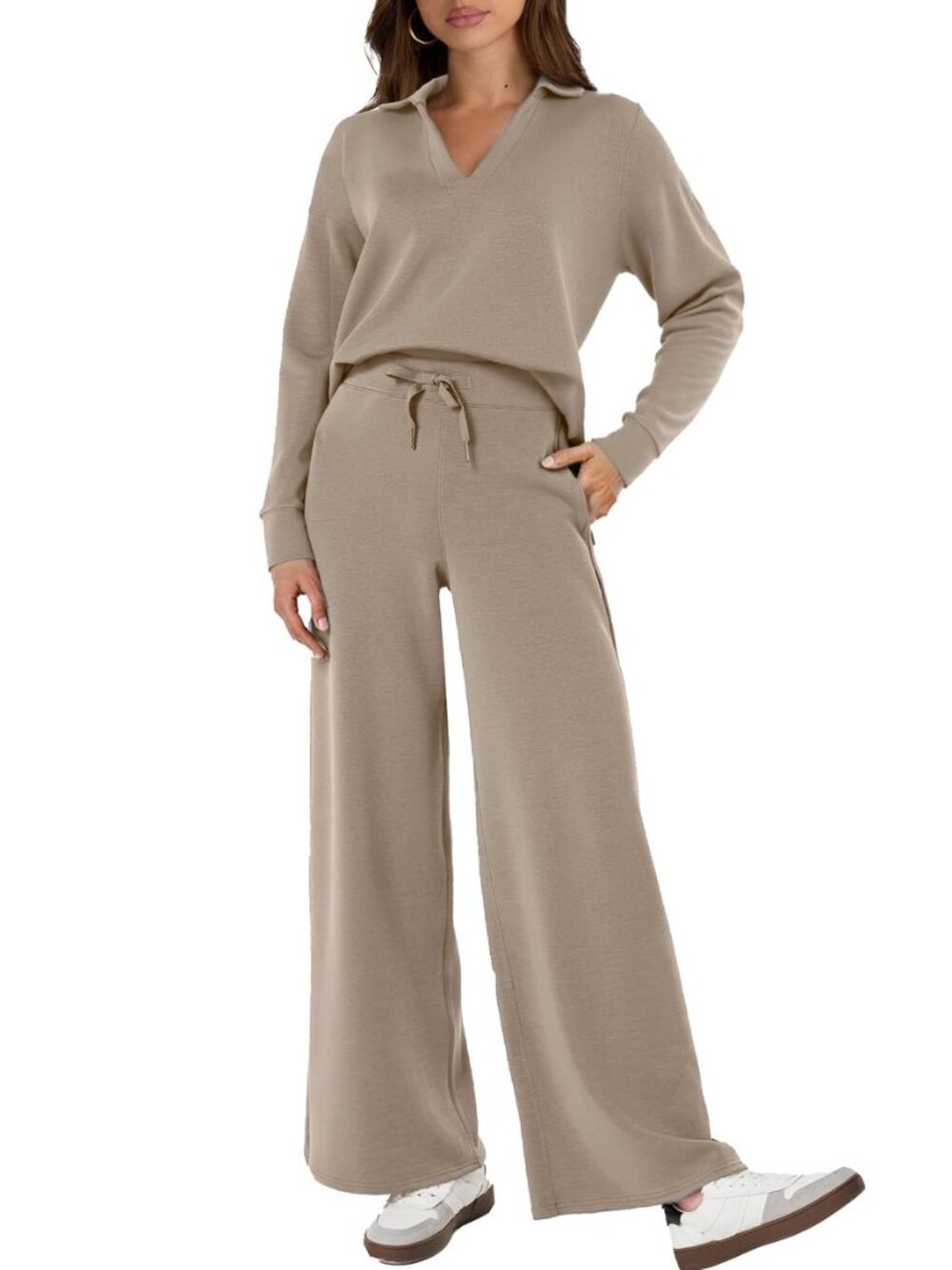 Women's 2 Piece Sets Outfits Casual Long Sleeve Sweatsuits Polo Top and Wide Leg